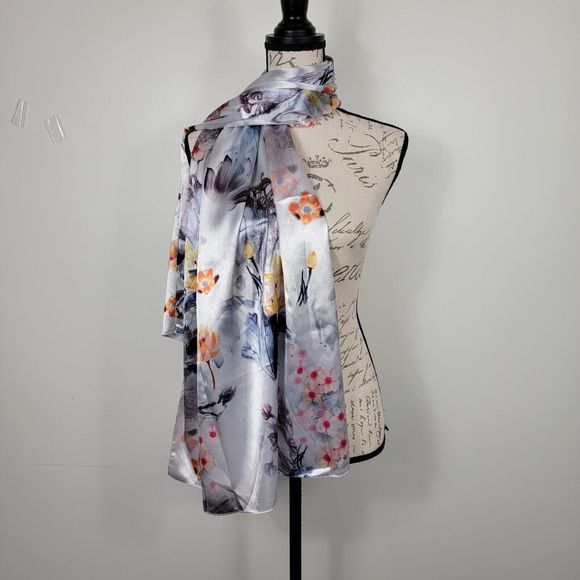 Women's Silver Metallic Gray Floral Design Silk Feel Polyester Scarf 62x28 Inch - Picture 4 of 12